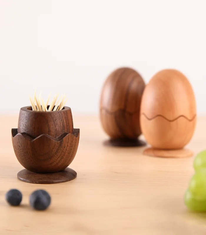 Elegant Nordic-style wooden toothpick holder in the shape of an egg