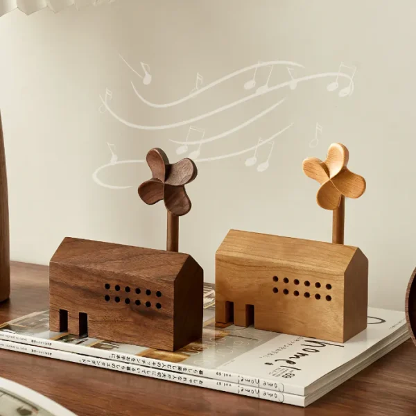 Wooden music box with a pinwheel design, combines music and aromatherapy for relaxation