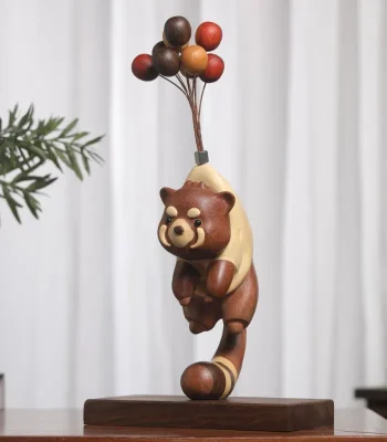 Creative wooden ornament featuring a raccoon in flight, a playful and unique decoration for shelves or desks