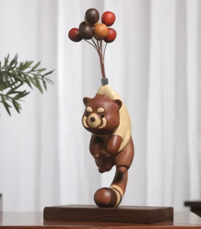 Creative wooden ornament featuring a raccoon in flight, a playful and unique decoration for shelves or desks