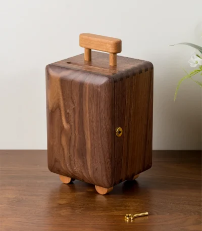 Creative walnut wood coin bank designed like a travel suitcase