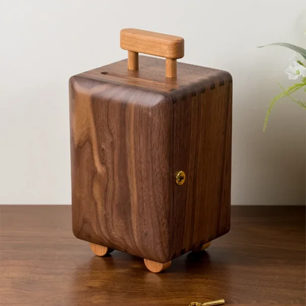 Creative walnut wood coin bank designed like a travel suitcase