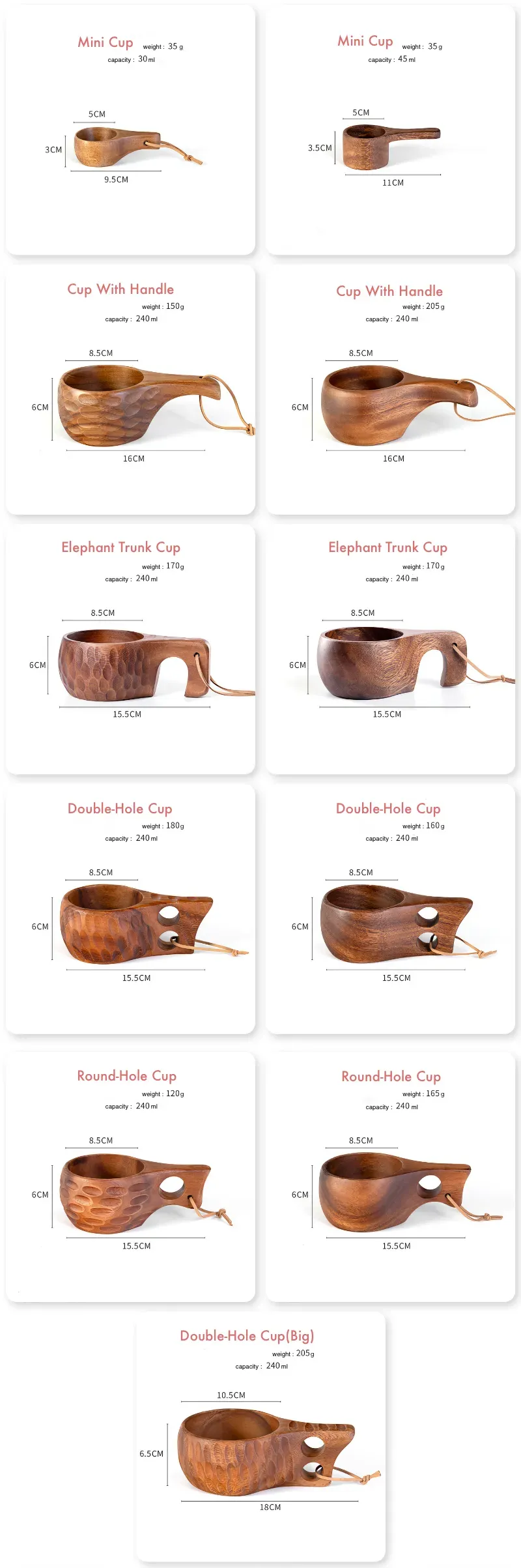 A series of beautifully crafted acacia wood cups in various designs and sizes