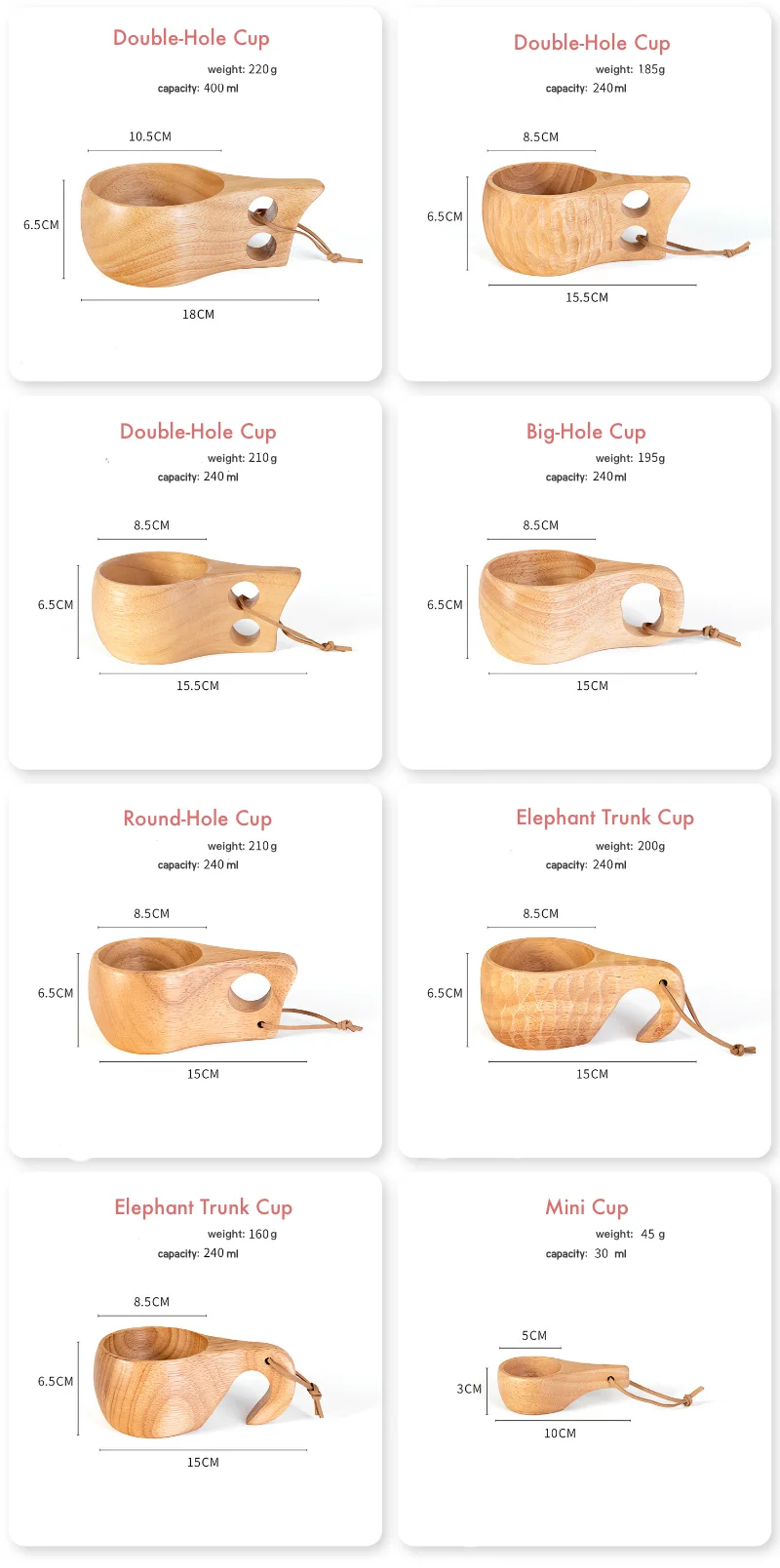 A series of beautifully crafted oka wood cups in various designs and sizes