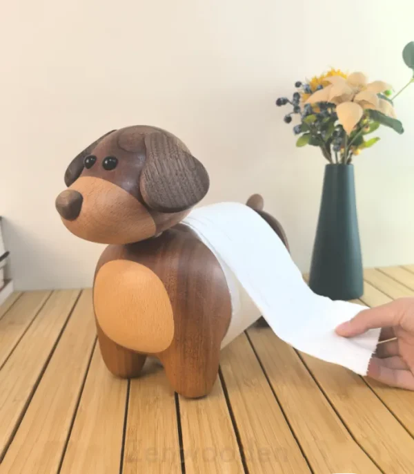 Wooden dog-shaped toilet paper holder for bathroom or home decor use