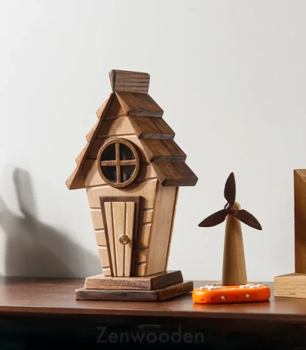 Don’t Starve Pig House night light made from walnut and maple wood, softly glowing on a wooden desk.